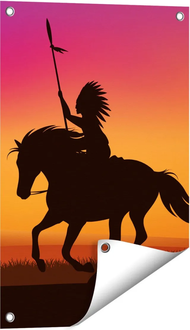 Gards Tuinposter Silhouet van een Indiaan op een Paard - 40x60 cm - Tuindoek - Tuindecoratie - Wanddecoratie buiten - Tuinschilderij Multikleur