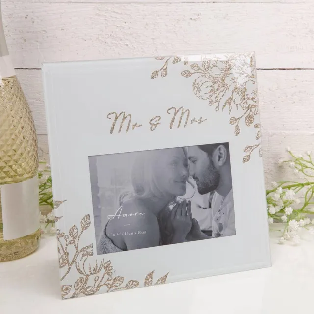 Amore by Juliana Fotolijst bruiloft Mr en Mrs vierkant goud en zilver glitters. Wit