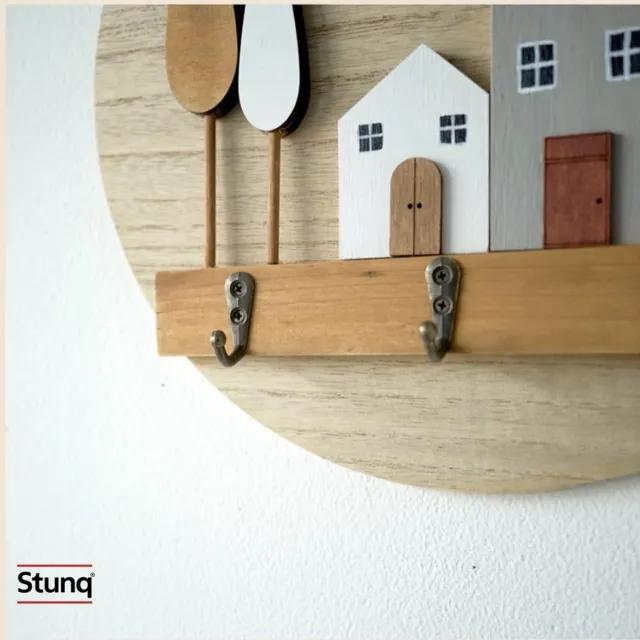 Stunq Rond houten sleutelrek met 3 huisjes – 3D wandhaak voor entree en kapstok Bruin