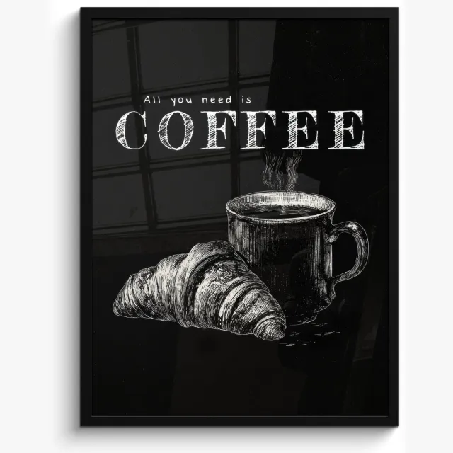 FrameYourWall Poster in lijst - Fotolijst 60x80 cm - Posters - Koffie - Croissant - Tekst - Posterlijst zwart - Decoratie - Wanddecoratie woonkamer - Muurdecoratie slaapkamer