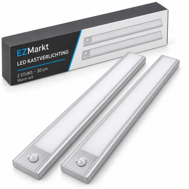 EZMarkt LED Kastverlichting met Bewegingssensor - 2 x 30 cm - USB Oplaadbaar - Magnetisch - Dimbaar - Warm Wit - Zilver