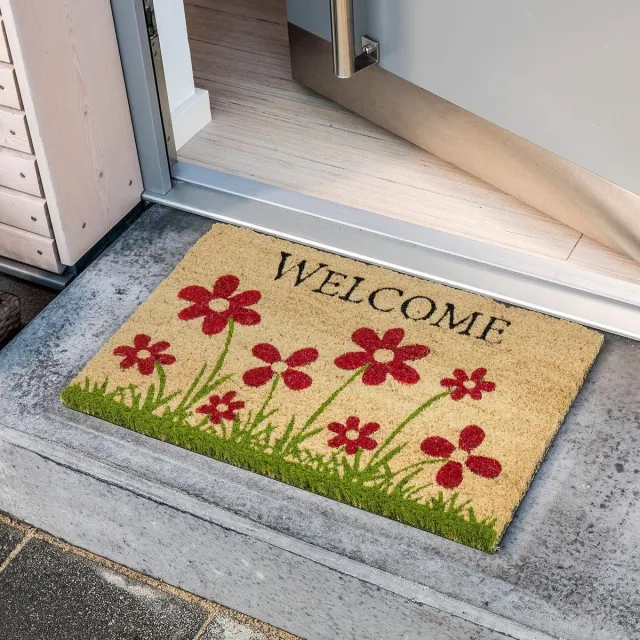Carpido Voetmat kokos bloemenweide natuur – deurmat 40x60 cm – antibacteriële ingangsmat – kokosmat met vinylrug – natuurlijk materiaal – 100% kokos
