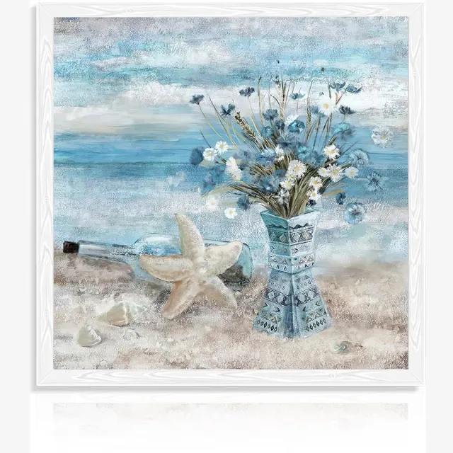 Ibenzoa Canvas Kunstwerk Met Strandthema Voor Badkamer En Slaapkamer Zonder Lijst 35 x 35 cm blauw