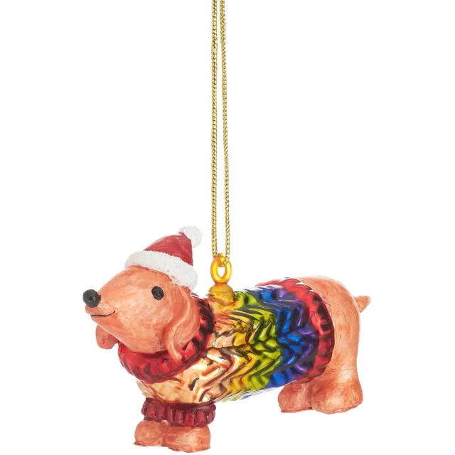 Sass & Belle Teckel met regenboogjasje kerstbal - Sass & Belle bruin
