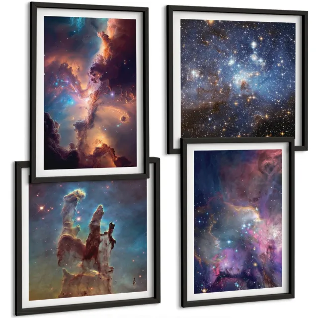 TULUP 4-Delige Schilderij Set - Ruimtelandschappen met sterren en nevels - 40 x 40 cm en 40 x 60 cm - Muurdecoratie - Interieur Decoratie Zwarte lijst