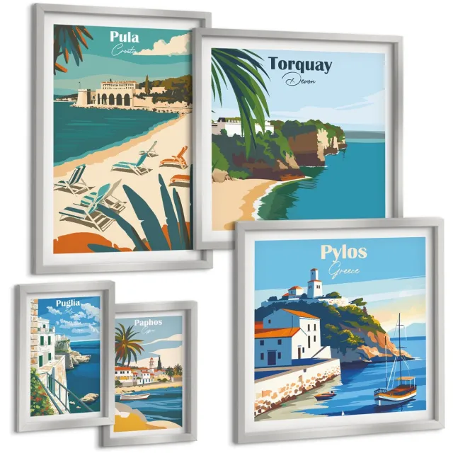 TULUP 4-Delige Schilderij Set - Kustlandschappen met charmante plekjes in Europa - 50 x 50 cm, 20 x 30 cm en 40 x 60 cm - Wanddecoratie - Muurdecoratie - Moderne Interieurdecoratie - Interieur Decoratie Zilveren lijst