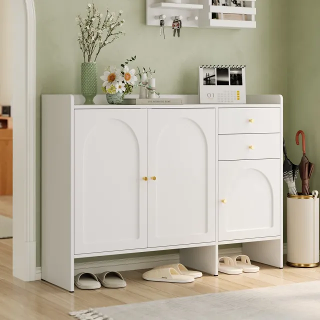 Wishdor Schoenenkast - 3 Deuren En 2 Laden - Verstelbare Planken - Modern - Voor Hal - Wit - 120 x 35 x 90 cm