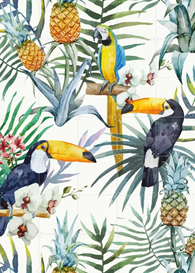 IXXI The Toucan Family, Creative Lab Amsterdam - 100 x 140 cm - Grote wanddecoratie en posters - Aquarel, Speels, Illustraties, Grafisch Ontwerp Wit / Groen