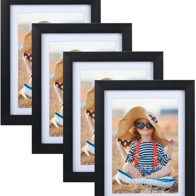 Ibenzoa Set van vier zwarte fotolijsten voor wand en tafel met passe-partout