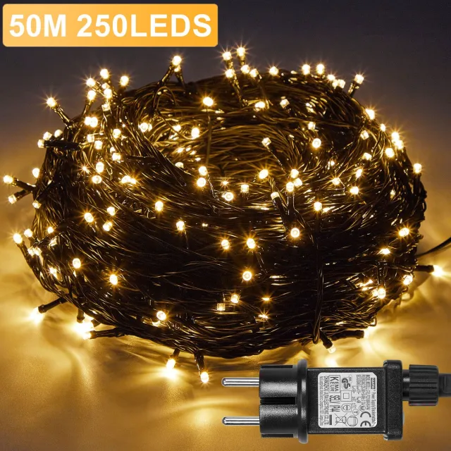 Rosnek LED Kerstverlichting Binnen/Buiten - 50M 250LEDs Warm Wit Lichtsnoer - met 8 modi, Timer & Geheugenfunctie - Koppelbaar - IP44 Waterdicht Kerstboomverlichting voor Tuin, Feest & Huis