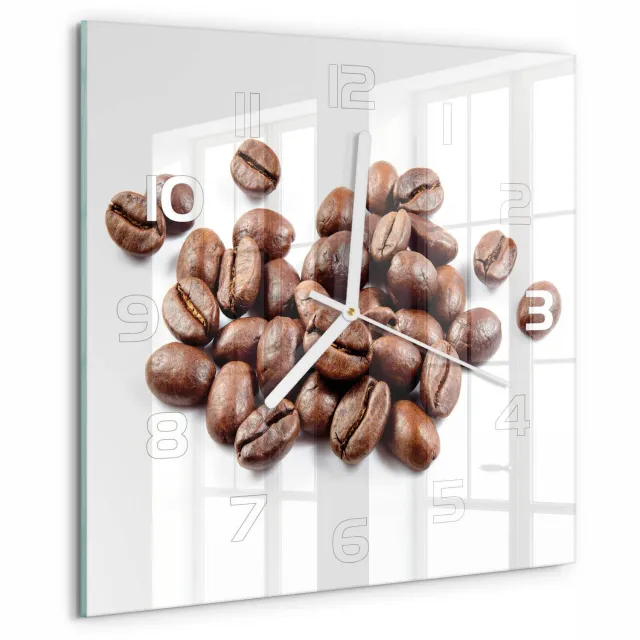 TULUP Wandklok - Koffiebonen Wandklok Glas Decoratie - 30x30 cm - Bruin Gekleurde Glazen Klok - Witte handen - Vierkante Klok - Klok Glas Met Opdruk - Moderne Wandklok Glas