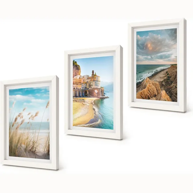 Coloray 3-Delige Schilderij Set - Kustlandschappen met strand, stad en kliffen - 20x30 - Schilderijen Set - Wanddecoratie - Woonkamer - Woonkamer Decoratie Witte lijst