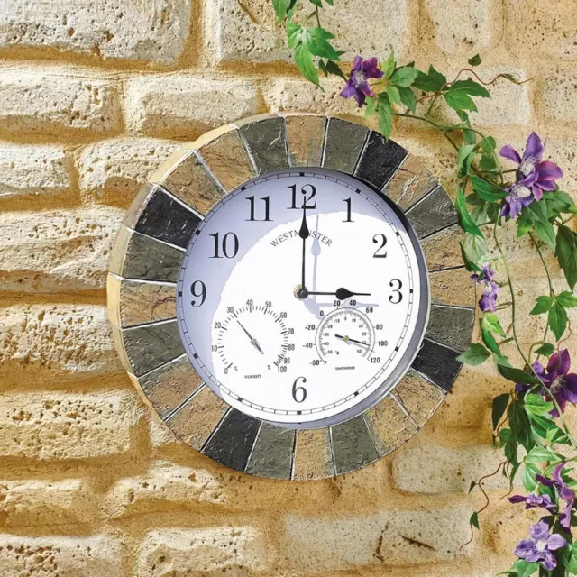 BOG Westminster Tuinklok 25 Cm Met Thermometer - Waterdichte Wandklok Voor Tuin En Patio - Duurzame Steenlook Klok Voor Binnen En Buiten - Decoratieve Wandklok Voor Keuken En Woonkamer ROCK COLOR