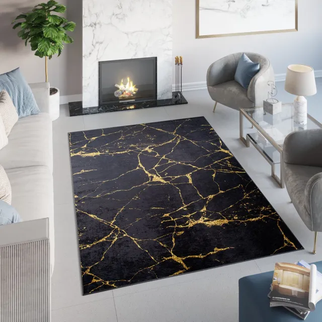 Tapiso Toscana Vloerkleed Glamour Zwart Gouden Laagpolig Tapijt Maat- 140x200