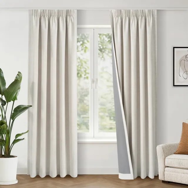 Famanu 100% verduisterende gordijnen set van 2 stuks, linnenlook met plooiband, thermisch en koudewerend, ondoorzichtig, 140 x 245 cm, beige, ideaal voor het creëren van een stijlvolle uitstraling en het verbeteren van de energie-efficiëntie