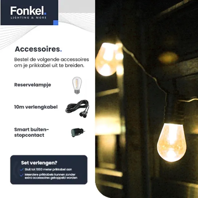 Fonkel 30m Arena Eco Prikkabel – Vaste lampen – Warm Wit 2700K Lampjesslinger - Lichtsnoer - Sfeerverlichting Buiten en Binnen - Feestverlichting