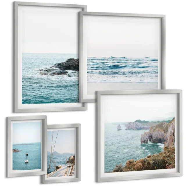 TULUP 4-Delige Schilderij Set - Rustig uitzicht op zee met stranden en kliffen - 50 x 50 cm, 20 x 30 cm en 40 x 60 cm - Wanddecoratie - Woonkamer Decoratie - Moderne Wanddecoratie Zilveren lijst