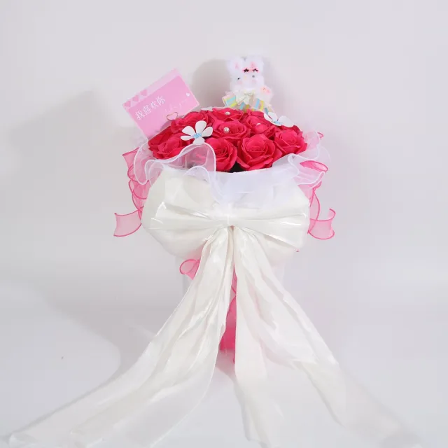 La Roselle Amsterdam Pink Romance Fuchsia Rozenboeket met Knuffel Konijntje – Kunstrozen in Cadeaubox – Romantisch Cadeau Fuchsia roze / Wit