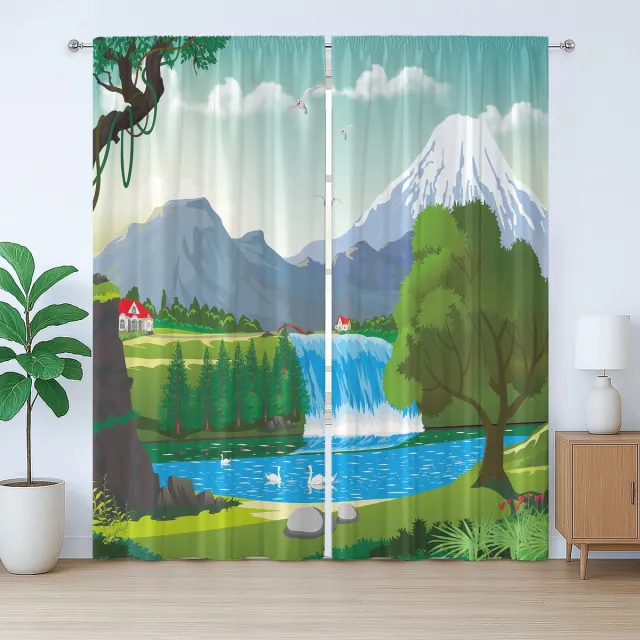 ABAKUHAUS Reisgordijn in rustieke stijl, cartoonstijl met waterval, met lussen en haken voor de slaapkamer, 280 x 175 cm, blauwgroen wit