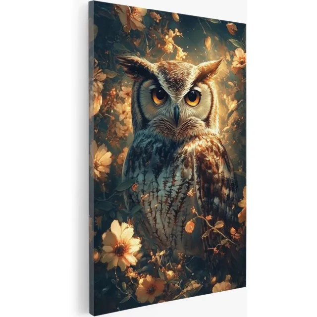 Saammp Canvas Schilderij - Abstract - Uil - Vintage bloemen - Natuur - Dieren - 80x120 - Foto op canvas - Wanddecoratie - Muurdecoratie Woonkamer - Slaapkamer decoratie - Canvas Print Multicolor
