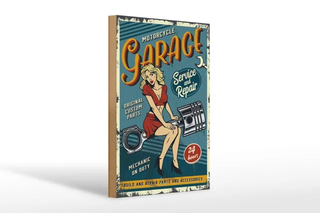 Femer Holzschild Retro 20x30cm Pinup motorcycle Garage 24 service Multi-coloured