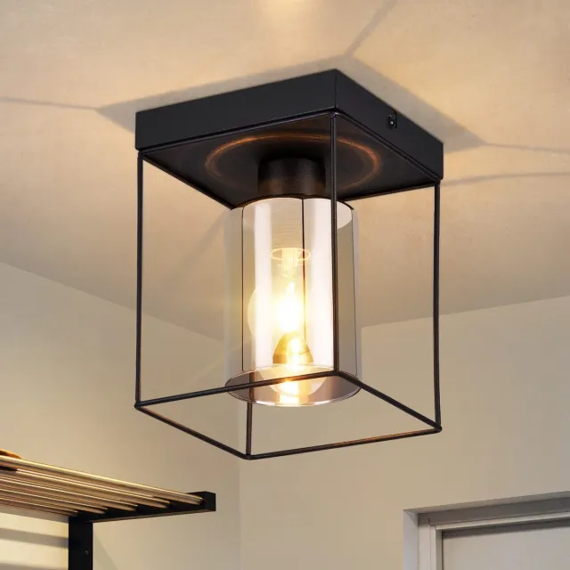 NETTLIFE Plafondlamp Glas – zwart - E27 Fitting - 1-Lichts - Vintage Ganglamp – Metaal - voor Slaapkamer | Woonkamer – Zonder Lichtborn