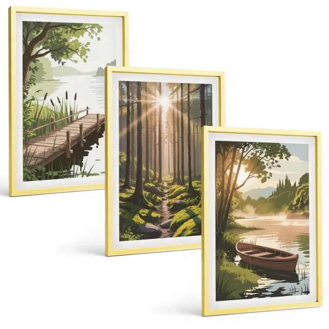 TULUP 4-Delige Schilderij Set - Rustige landschappen van bos en meer met een boot - 40 x 60 cm - Decoratieve Schilderijen - Woonkamer - Interieur - Moderne Wanddecoratie Gouden lijst