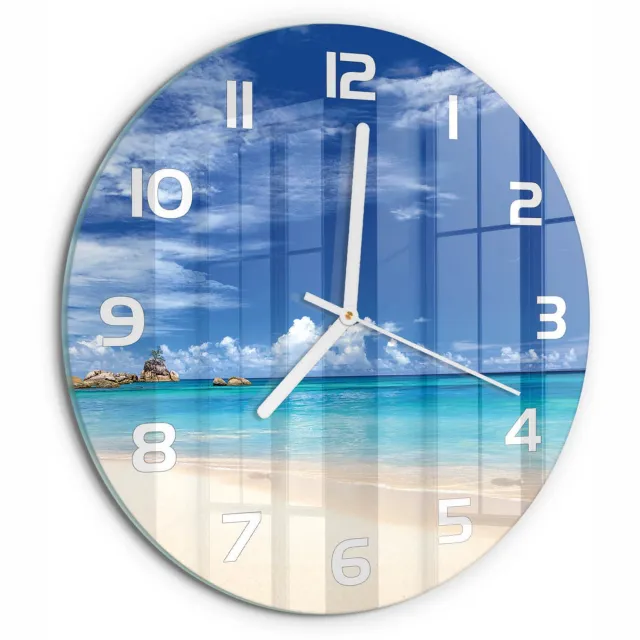 TULUP Wandklok - Tropisch strand Gekleurde Glazen Klok - fi30 cm - Blauw Glazen Klok Met Print - Witte handen - Ronde Klok - Moderne Wandklok Glas - Wandklok Glas Decoratie