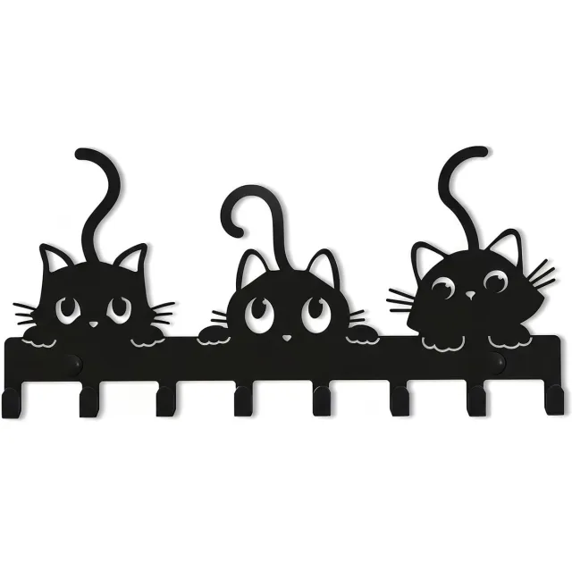 Unyqoos Stijlvolle wand sleutelhouder met kattenontwerp en acht stevige haken 3 kat zwart