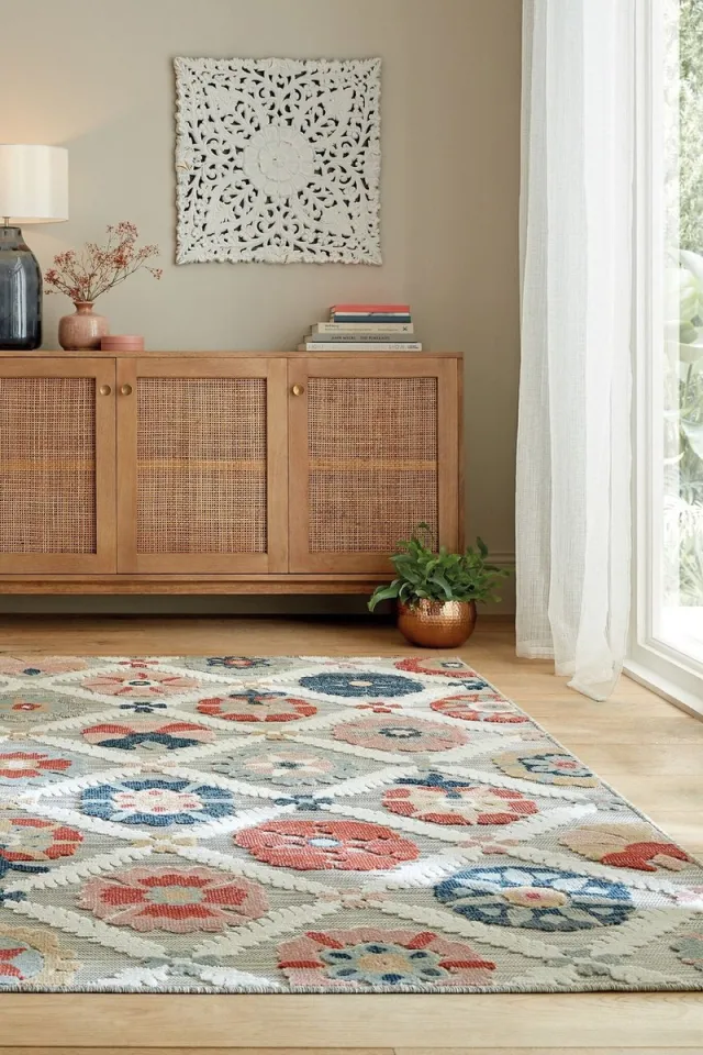 flycarpets Vintage Vloerkleed - Flora - Laagpolig - Binnen & Buitenkleed - Grijs