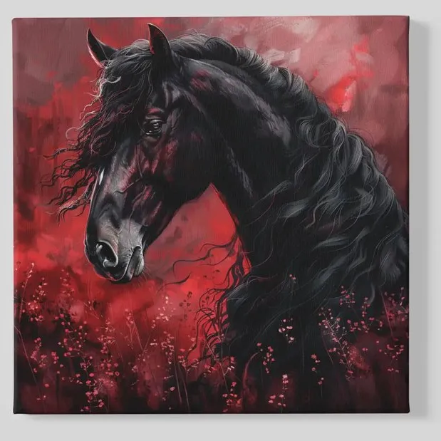 Trendex Global Vierkant Canvas Schilderij - Paard - Dierenkunst - Modern & Luxueus - 100x100 cm Rood