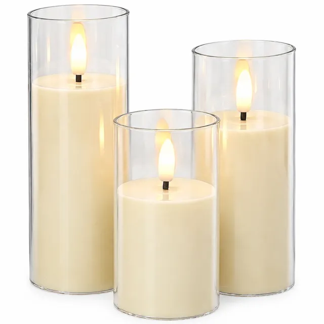 SWGOTA led kaarsen, set van 3, ivoorkleurig met transparante cilinder en warm vlamlicht, diameter 5,5 cm, hoogte 10/12,5/15 cm, op batterijen, batterijen niet inbegrepen