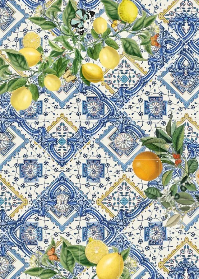 IXXI Mediterranean tiles lemons and oranges III, Bloomery Decor - 100 x 140 cm - Grote wanddecoratie en posters - Decoratieve kunsten, Ornamenteel Geel
