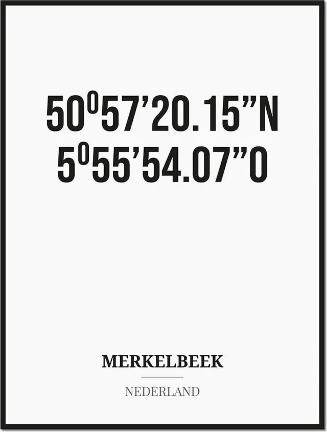 Studio216 Poster/kaart MERKELBEEK met coördinaten zwart, wit