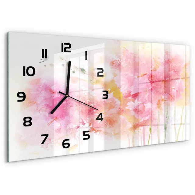 TULUP Wandklok - Bloemen Decoratieve Glazen Klok - 60x30 cm - Roze Glazen Wandklok Design - Zwarte handen - Rechthoekige Klok - Glazen Klok Met Print - Wandklok Glas Met Motief