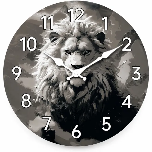 SWGOTA MDF-wandklok met leeuwenmotief, 12 inch (29,7 cm), stil kwartsuurwerk, rond met witte wijzers Grijs
