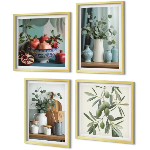 Coloray 4-Delige Schilderij Set - Esthetisch aantrekkelijke combinatie van groene olijven en eucalyptustakken - 40 x 40 cm en 40 x 60 cm - Decoratieve Schilderijen - Wanddecoratie - Hal - Stijlvolle Muurdecoratie Gouden lijst