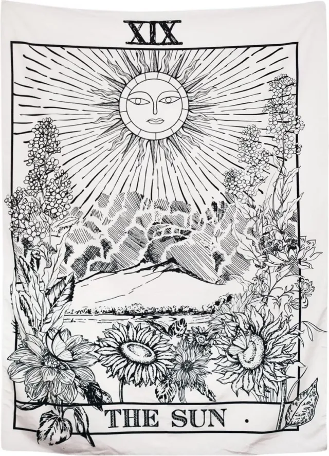 Ulticool Zon Natuur Bloemen Vintage Retro Tarot Kaarten Horoscoop Zwart Wit - Wandkleed - 200x150 cm - Groot wandtapijt - Poster