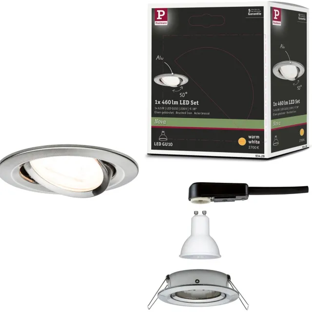 Paulmann LED-inbouwlamp Nova schwenkbar zwenkbaar rond 84 mm 50° GU10 6,5W 460lm 230V 2700K Staal geborsteld