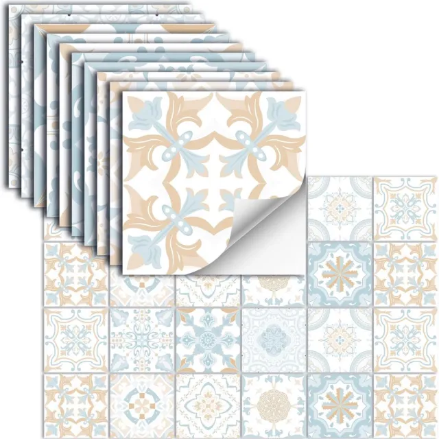 Winkrs Set 24 Tegelstickers met Blauw/Beige patroon - 15x15CM - Zelfklevende Tegels voor badkamer, keuken, meubels - Plaktegels Portugees Beige/Lichtblauw Patroon