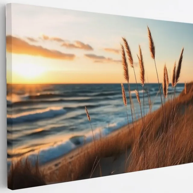 Saammp Canvas Schilderij - Helmgras met zonsondergang - strand - zee - Duinen - 30x20 - Foto op canvas - Wanddecoratie - muurdecoratie Woonkamer - Slaapkamer decoratie - Canvas Print Multicolor