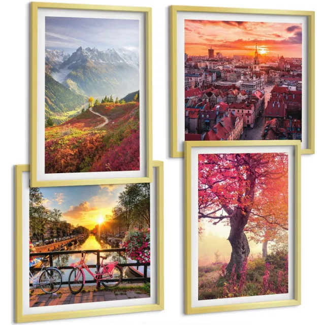 TULUP 4-Delige Schilderij Set - Berglandschappen met een fiets en een herfstboom - 40 x 40 cm en 40 x 60 cm - Muurdecoratie - Wanddecoratie - Hal - Stijlvolle Muurdecoratie Gouden lijst