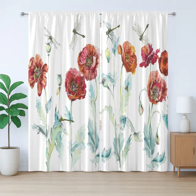 ABAKUHAUS Rustiek Gordijn met Bloemen en Insecten, Waterverf Klaprozen, met Lusjes en Haken voor de Slaapkamer, 280 x 225 cm, Wit Groen Rood