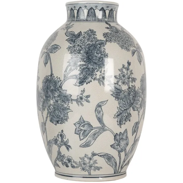 Clayre & Eef Vaas Ø 22x36 cm Wit Blauw Keramiek Bloemen