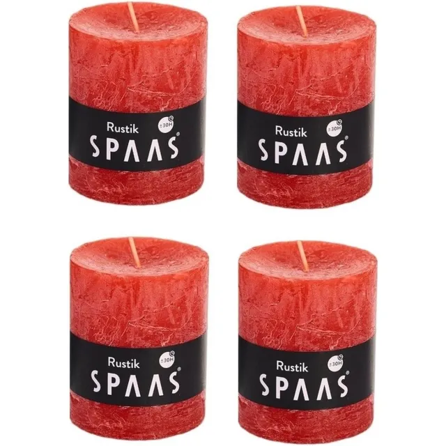 Spaas 4x Rode rustieke cilinderkaarsen/stompkaarsen 7 x 8 cm 30 branduren - Geurloze kaarsen - Woondecoraties Rood