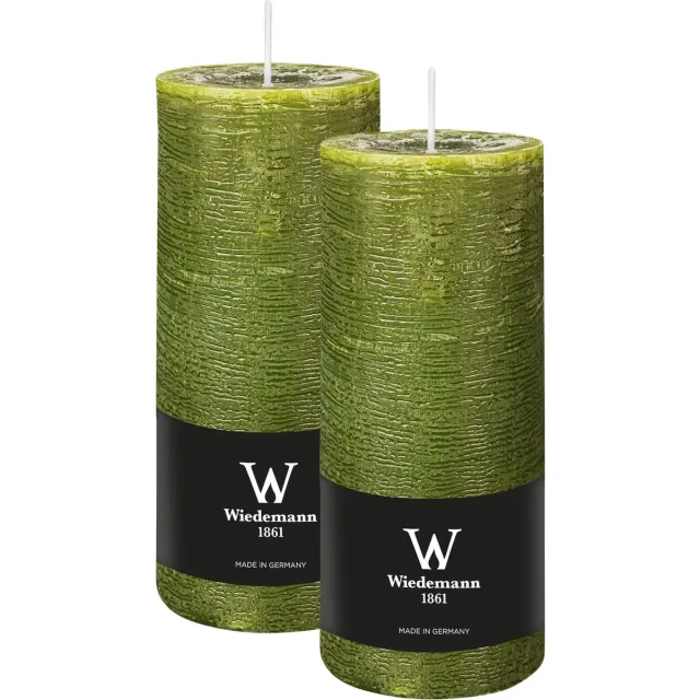 Wiedemann Cilinderkaars/stompkaars - 2x - rustieke kaars - olijfgroen - 7 x 16 cm - 66 branduren Olijf groen