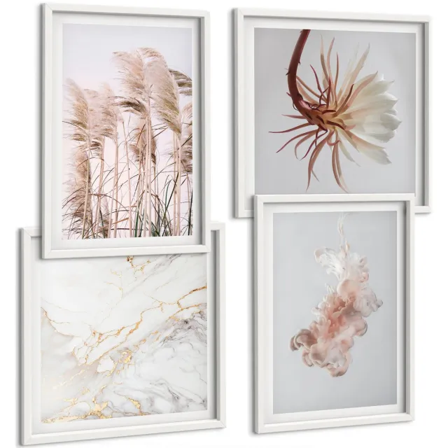 TULUP 4-Delige Schilderij Set - Elegante bloemen en grassen in wit marmer - 40x40 en 40x60 - Muurdecoratie - Decoratieve Schilderijen - Wohnzimmer - Moderne Wanddecoratie Witte lijst