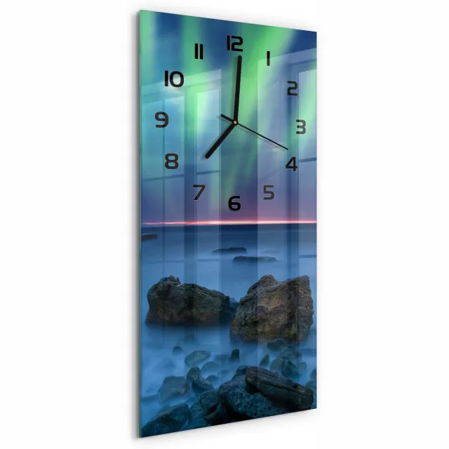TULUP Wandklok - Noorderlicht Glazen Klok Met Print - 30x60 cm - Groente Wandklok Glas Met Motief - Zwarte handen - Rechthoekige Klok - Wandklok Glas Decoratie - Gekleurde Glazen Klok