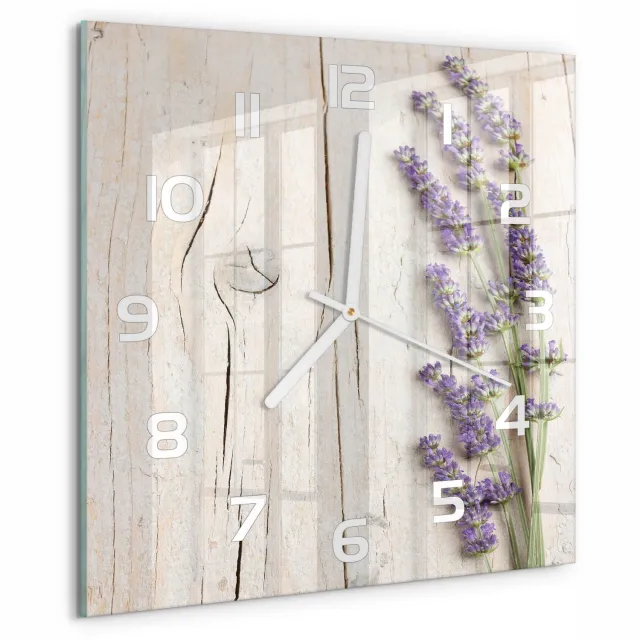 TULUP Wandklok - Lavendel op hout Klok Glas Met Opdruk - 30x30 cm - Paars Moderne Wandklok Glas - Witte handen - Vierkante Klok - Decoratieve Glazen Klok - Glazen Wandklok Design