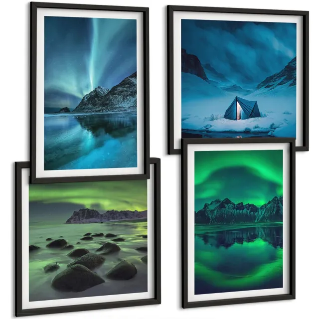 Coloray 4-Delige Schilderij Set - Winterlandschap Met Noorderlicht En Bergen - 40 x 40 cm En 40 x 60 cm - Wanddecoratie - Muurdecoratie - Woonkamer Zwarte lijst